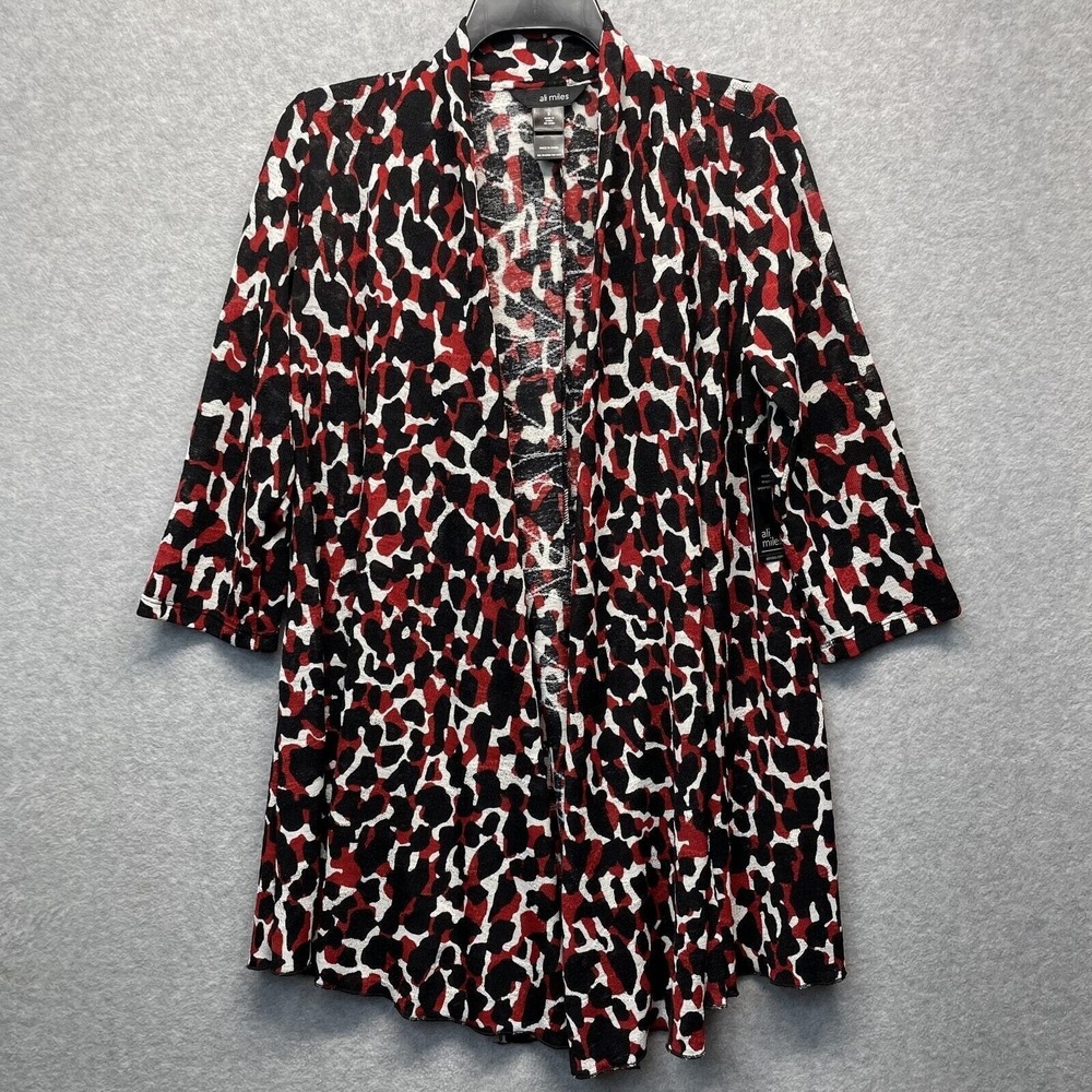 Ali Miles Womens Small Red Black Animal Print Open Front Cardigan‎ Topper Blouse